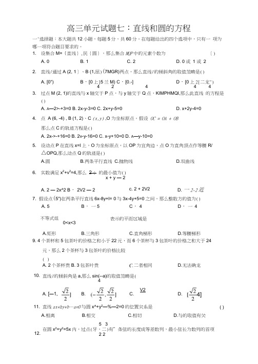 高三单元试题七：直线和圆的方程