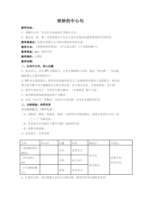 语文人教四年级下册(统编)-奇妙的中心句教案