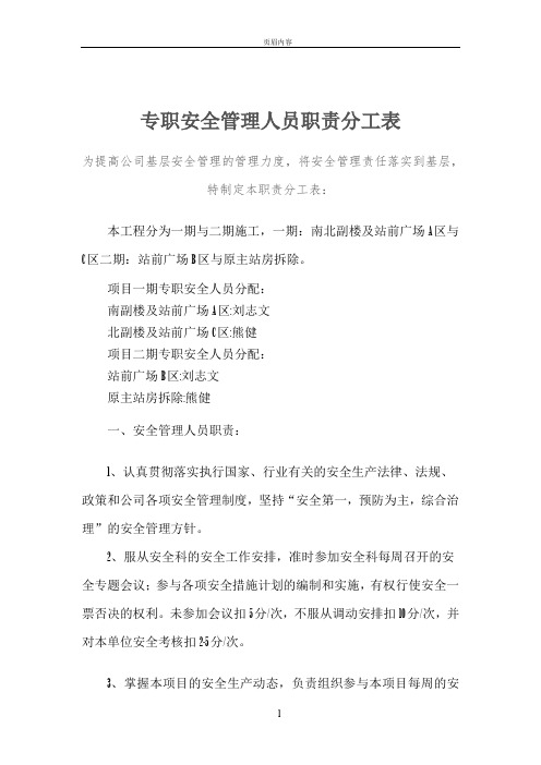 专职安全管理人员职责分工表