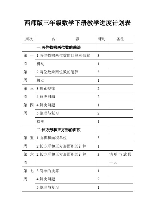 三年级数学教学进度计划表