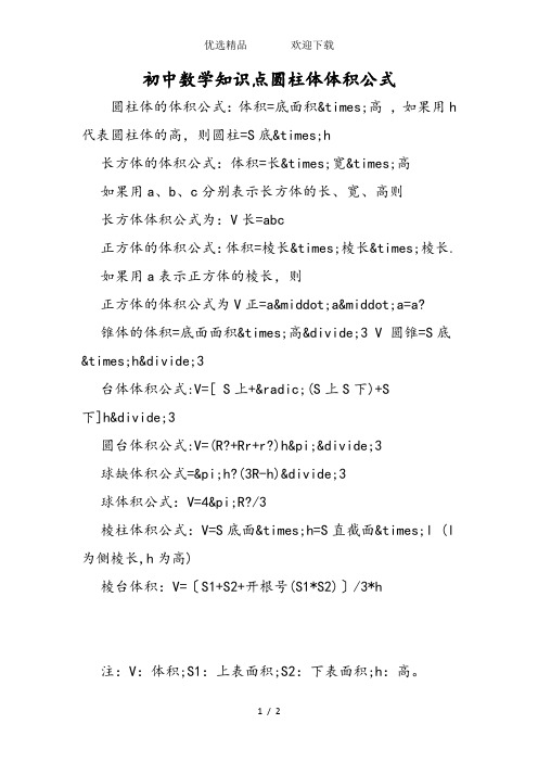 初中数学知识点圆柱体体积公式