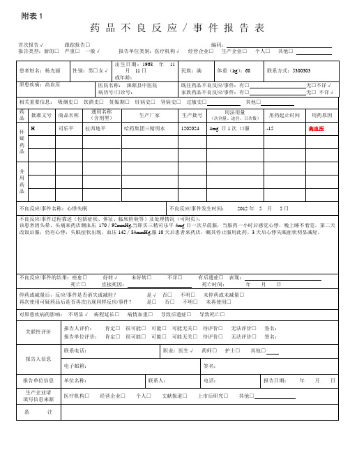 药品不良反应报告表范本