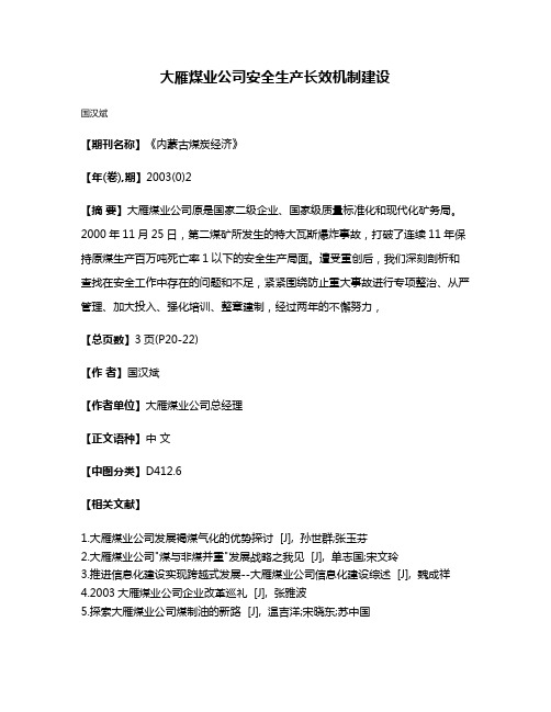 大雁煤业公司安全生产长效机制建设