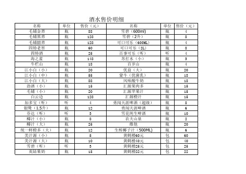 酒水售价明细