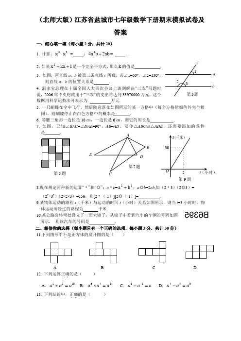 (北师大版)江苏省盐城市七年级数学下册期末模拟试卷及答案