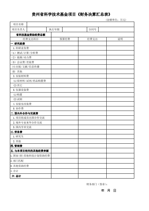 贵州省科学技术基金项目验收3——贵州省科学技术基金项目《财务决算汇总表》