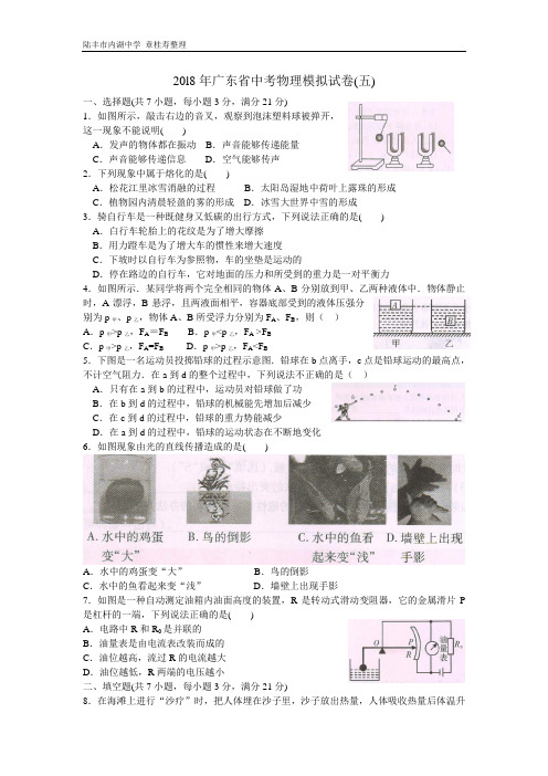 2018年广东省初中毕业生学业考试物理模拟卷(五)及答案(章桂寿)