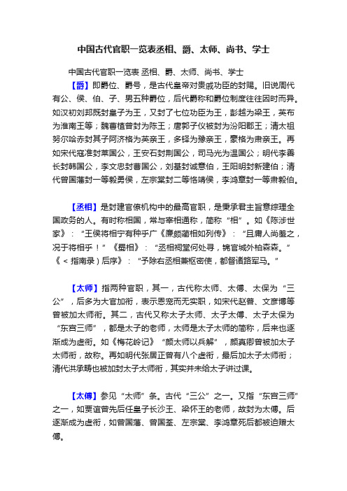 中国古代官职一览表丞相、爵、太师、尚书、学士