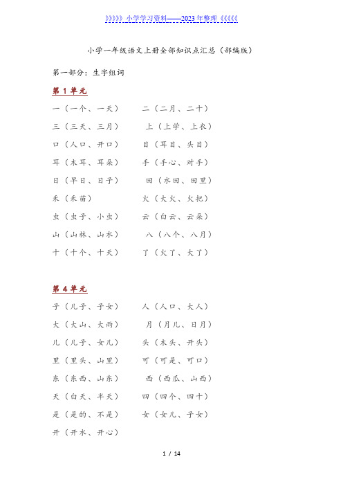 2018小学一年级语文全部知识点汇总