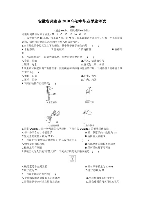 2010年初中毕业学业考试化学(附答案)