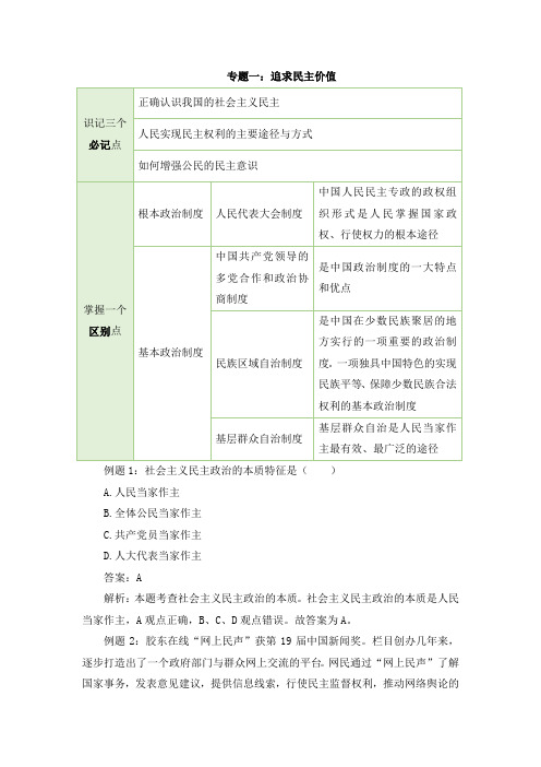 部编人教版九年级道德与法治上册 专题整合-《追求民主价值》