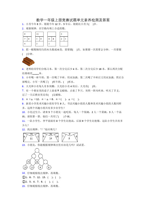 数学一年级上册竞赛试题单元素养检测及答案[001]