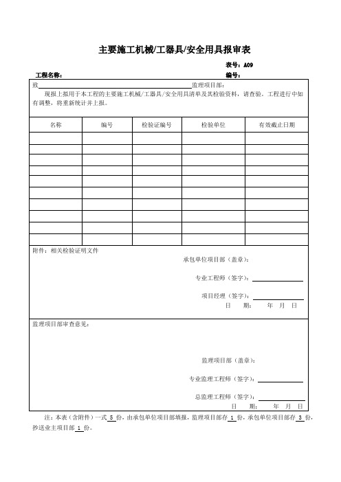 主要施工机械、工器具、安全用具报审表