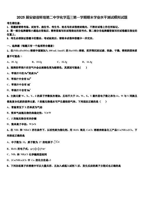 2025届安徽省蚌埠第二中学化学高三第一学期期末学业水平测试模拟试题含解析