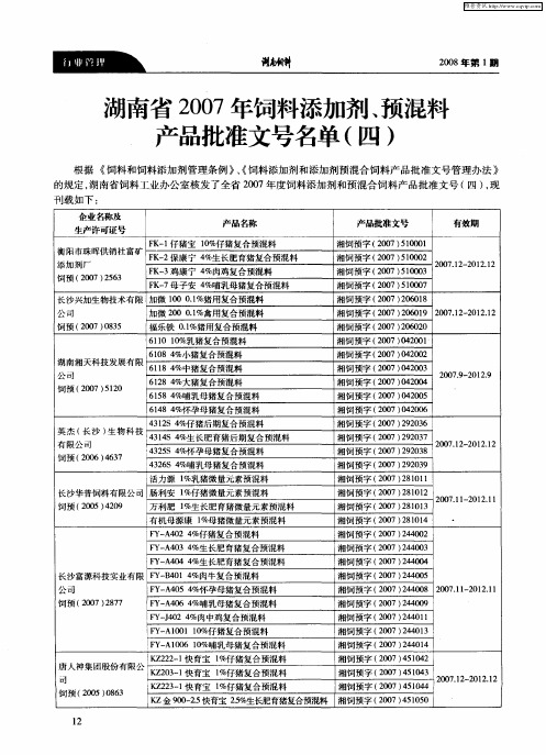 湖南省2007年饲料添加剂、预混料产品批准文号名单(四)