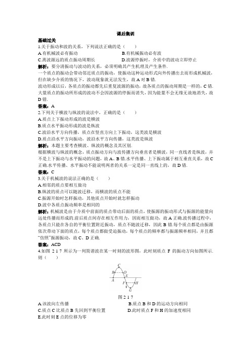 物理鲁科选修34课后集训：第2章第1节波的形成和描述 含解析