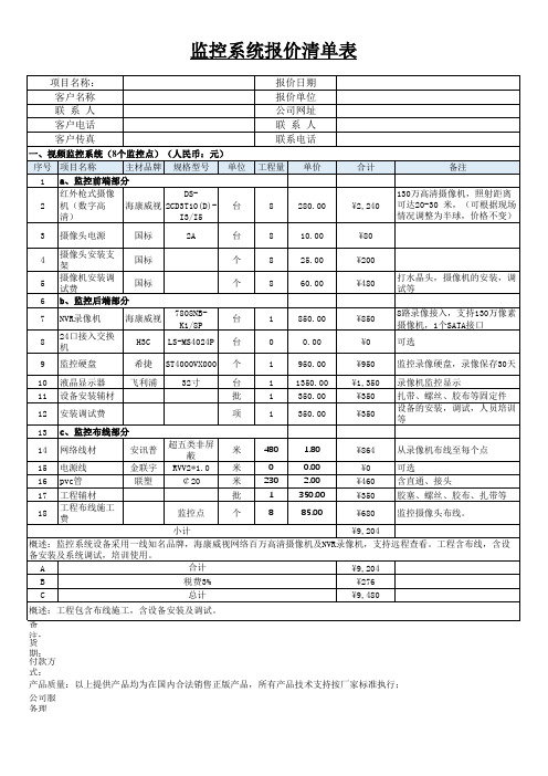 视频监控安装报价清单