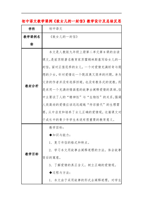 初中语文教学课例《致女儿的一封信》教学设计及总结反思