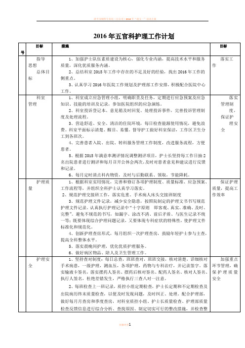 2016年五官科护理工作计划