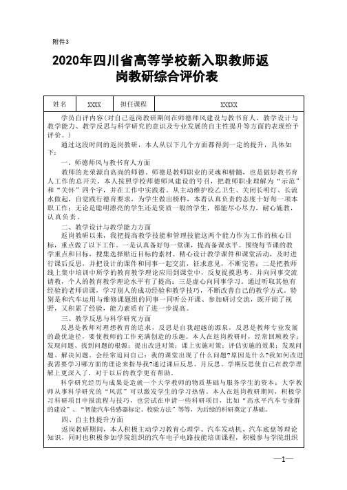 2020年四川省高等学校新入职教师返岗教研综合评价表(已填好)