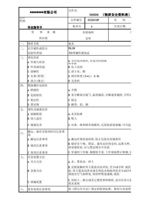 氨水物质安全资料表MSDS