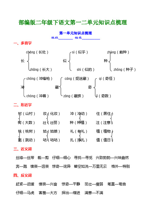 部编版二年级下语文第一二单元知识点梳理