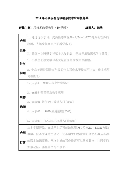 2014年小学全员远程研修技术应用任务单