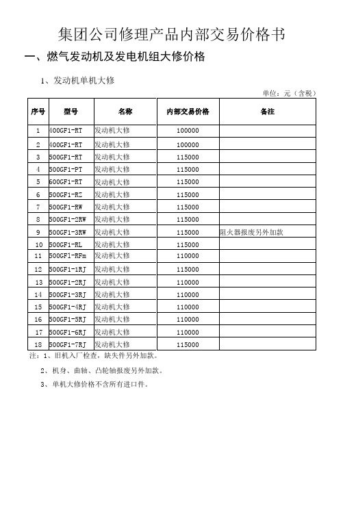 集团公司修理产品内部交易价格书(燃气发动机及发电机组等)