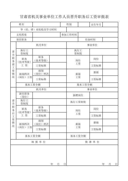 甘肃省机关事业单位工作人员晋升职务后工资审批表