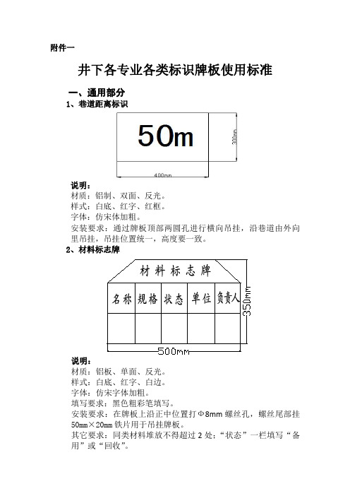 井下各专业各类标识牌板使用标准