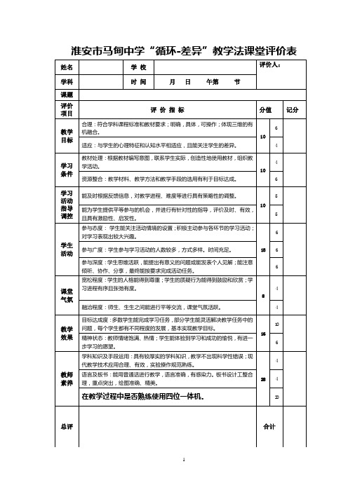 初中教师课堂教学评价表