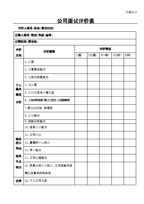 公司面试评价表格模板(最新整理)