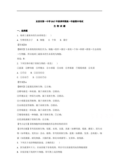(解析版)湖北省宜昌市第一中学2017-2018学年高一上学