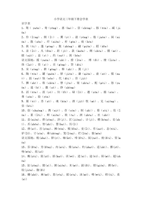 小学语文三年级下册会学表