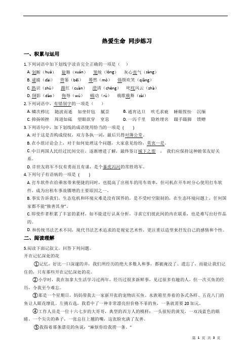 人教版(新课程标准)初中语文九年级下册第二单元第8课 热爱生命 同步练习