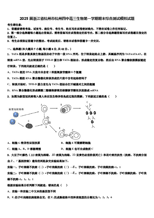 2025届浙江省杭州市杭州四中高三生物第一学期期末综合测试模拟试题含解析