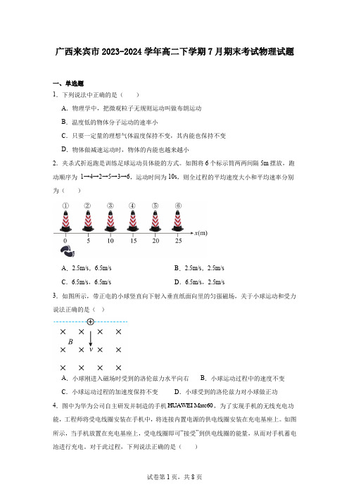 广西来宾市2023-2024学年高二下学期7月期末考试物理试题