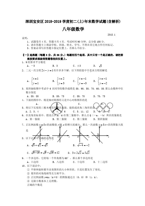 深圳宝安区2018-2019学度初二(上)年末数学试题(含解析)