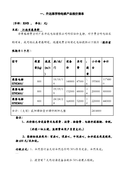 电梯报价清单