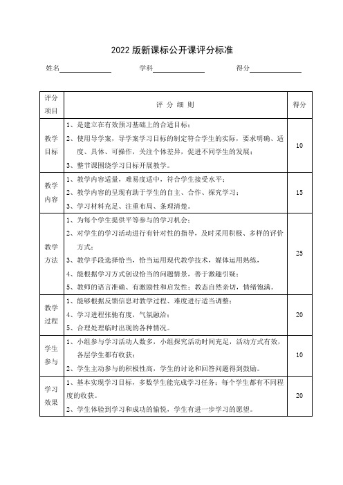 2022版新课标公开课评分标准