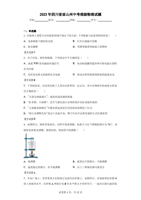 2023年四川省凉山州中考理综物理试题