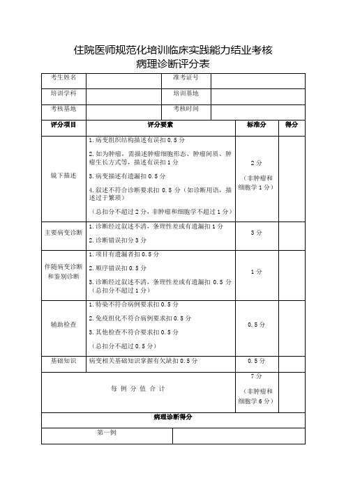 住院医师规范化培训临床实践能力结业考核病理诊断评分表