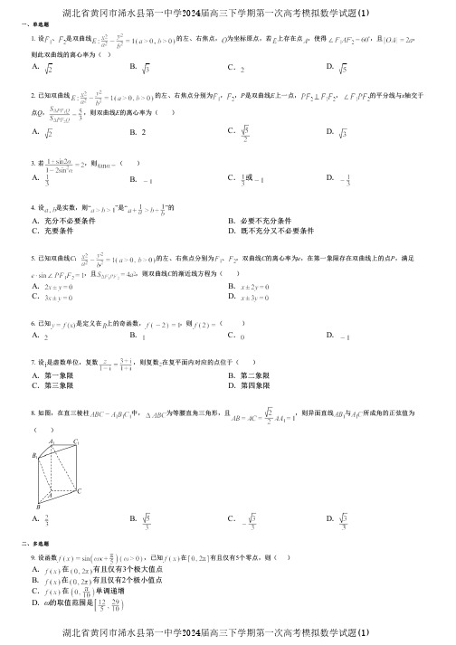 湖北省黄冈市浠水县第一中学2024届高三下学期第一次高考模拟数学试题(1)