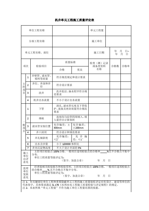 机井单元工程施工质量评定表