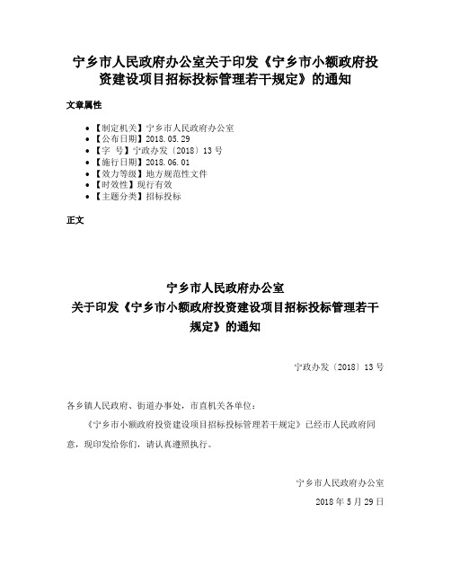 宁乡市人民政府办公室关于印发《宁乡市小额政府投资建设项目招标投标管理若干规定》的通知