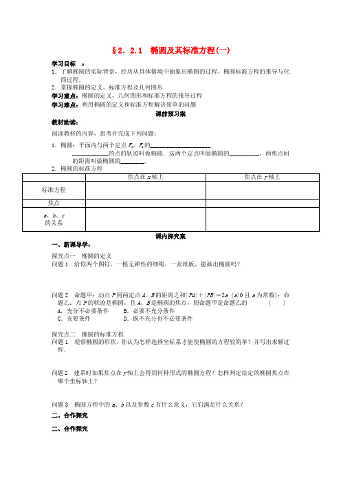 四川省岳池县第一中学高中数学 2.2.1椭圆及其标准方程导学案 理(无答案)新人教A版选修2-1