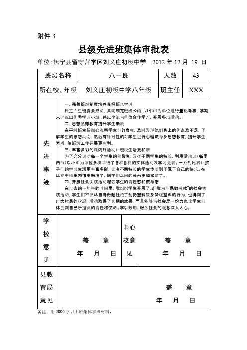 县级先进班集体审批表