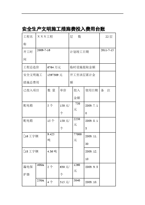 安全生产文明施工措施费投入费用台账.doc