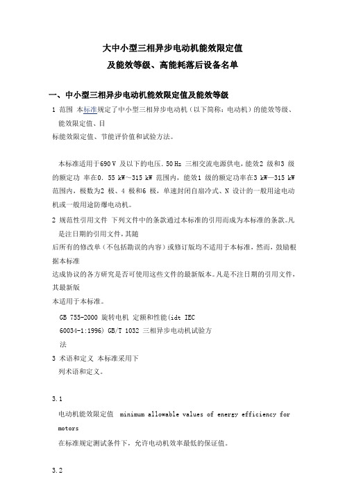 大,中,小型三相异步电动机,能效限定值及能效等级,高能耗落后设备名单