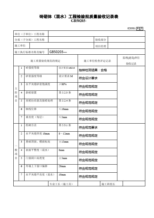 砖砌体工程检验批质量验收记录